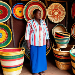 "A vibrant Rwandan marketplace scene, showcasing traditional crafts like woven baskets with intricate designs and Imigongo art adorning the walls of stalls. Capture the rich colors and textures of the local artistry, highlighting the fusion of past and present in Rwandan art."