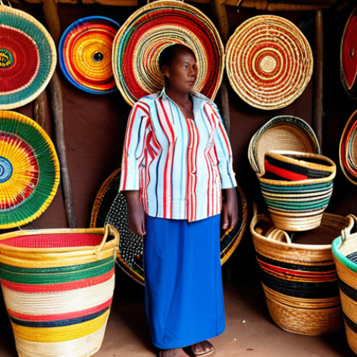 Home 4 "A vibrant Rwandan marketplace scene, showcasing traditional crafts like woven baskets with intricate designs and Imigongo art adorning the walls of stalls. Capture the rich colors and textures of the local artistry, highlighting the fusion of past and present in Rwandan art."