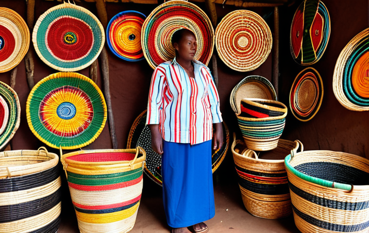 "A vibrant Rwandan marketplace scene, showcasing traditional crafts like woven baskets with intricate designs and Imigongo art adorning the walls of stalls. Capture the rich colors and textures of the local artistry, highlighting the fusion of past and present in Rwandan art."