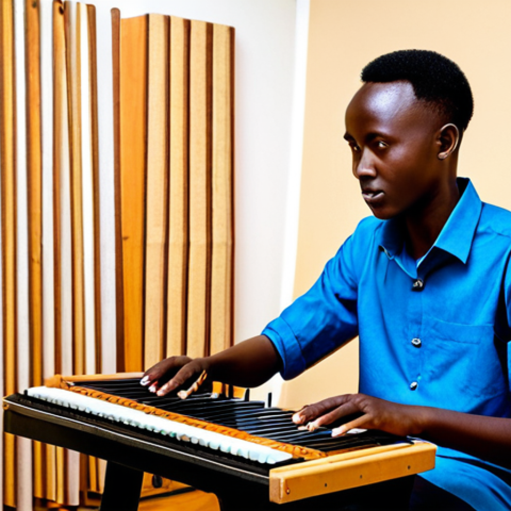 A young adult Rwandan musician, fully clothed in a stylish, modest outfit that blends contemporary and traditional Rwandan fashion elements. Seated and focused, playing a traditional Rwandan Inanga (zither-like instrument) with one hand, while the other hand subtly adjusts a knob on a modern electronic synthesizer or laptop. The setting is a professional, well-lit music studio with acoustic panels and a subtle wall hanging featuring a traditional Rwandan 'Imigongo' pattern, creating a fusion of old and new. High-resolution studio photography, crisp detail, realistic, perfect anatomy, well-formed hands, proper finger count, natural pose, correct proportions, natural body proportions. Safe for work, appropriate content, fully clothed, modest clothing, appropriate attire, professional dress, family-friendly.