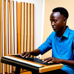 A young adult Rwandan musician, fully clothed in a stylish, modest outfit that blends contemporary and traditional Rwandan fashion elements. Seated and focused, playing a traditional Rwandan Inanga (zither-like instrument) with one hand, while the other hand subtly adjusts a knob on a modern electronic synthesizer or laptop. The setting is a professional, well-lit music studio with acoustic panels and a subtle wall hanging featuring a traditional Rwandan 'Imigongo' pattern, creating a fusion of old and new. High-resolution studio photography, crisp detail, realistic, perfect anatomy, well-formed hands, proper finger count, natural pose, correct proportions, natural body proportions. Safe for work, appropriate content, fully clothed, modest clothing, appropriate attire, professional dress, family-friendly.