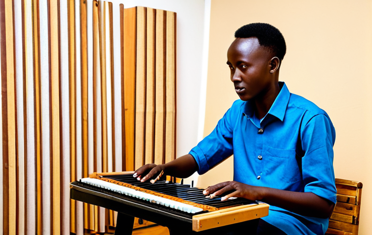 A young adult Rwandan musician, fully clothed in a stylish, modest outfit that blends contemporary and traditional Rwandan fashion elements. Seated and focused, playing a traditional Rwandan Inanga (zither-like instrument) with one hand, while the other hand subtly adjusts a knob on a modern electronic synthesizer or laptop. The setting is a professional, well-lit music studio with acoustic panels and a subtle wall hanging featuring a traditional Rwandan 'Imigongo' pattern, creating a fusion of old and new. High-resolution studio photography, crisp detail, realistic, perfect anatomy, well-formed hands, proper finger count, natural pose, correct proportions, natural body proportions. Safe for work, appropriate content, fully clothed, modest clothing, appropriate attire, professional dress, family-friendly.
