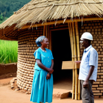 A dignified Rwandan elder, fully clothed in modest traditional attire, stands alongside a young professional architect, fully clothed in appropriate professional dress. They are observing and discussing the construction of a traditional Rwandan round house (Ingali), showcasing walls made of local earth bricks and a framework of bamboo and wood for a thatched roof. The setting is a serene rural Rwandan village with lush green hills in the background. Natural pose, perfect anatomy, correct proportions, well-formed hands, proper finger count. Professional photography, high-quality, realistic, detailed, warm natural light. safe for work, appropriate content, fully clothed, family-friendly.