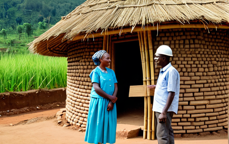 A dignified Rwandan elder, fully clothed in modest traditional attire, stands alongside a young professional architect, fully clothed in appropriate professional dress. They are observing and discussing the construction of a traditional Rwandan round house (Ingali), showcasing walls made of local earth bricks and a framework of bamboo and wood for a thatched roof. The setting is a serene rural Rwandan village with lush green hills in the background. Natural pose, perfect anatomy, correct proportions, well-formed hands, proper finger count. Professional photography, high-quality, realistic, detailed, warm natural light. safe for work, appropriate content, fully clothed, family-friendly.