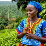 A Rwandan woman wearing a vibrant 'Umushanana' traditional dress, adorned with intricate geometric embroidery and symbolic patterns in bright red, blue, and yellow hues. She stands gracefully in a peaceful, natural outdoor setting with lush greenery. The focus is on the beautiful flowing fabric and detailed craftsmanship. Fully clothed, modest clothing, appropriate attire, safe for work, appropriate content, family-friendly, perfect anatomy, correct proportions, natural pose, well-formed hands, proper finger count, natural body proportions.