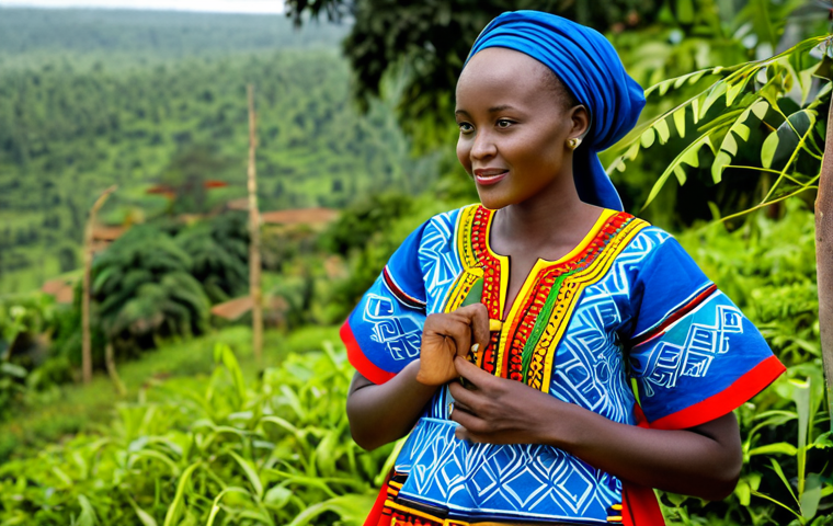 A Rwandan woman wearing a vibrant 'Umushanana' traditional dress, adorned with intricate geometric embroidery and symbolic patterns in bright red, blue, and yellow hues. She stands gracefully in a peaceful, natural outdoor setting with lush greenery. The focus is on the beautiful flowing fabric and detailed craftsmanship. Fully clothed, modest clothing, appropriate attire, safe for work, appropriate content, family-friendly, perfect anatomy, correct proportions, natural pose, well-formed hands, proper finger count, natural body proportions.