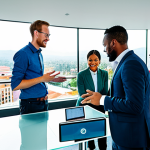 A diverse group of professional individuals, including entrepreneurs, developers, and mentors, collaborating in a bright, modern innovation city hub, reminiscent of Kigali Innovation City. They are engaged in discussions around sleek glass tables, working on laptops, and interacting with large digital displays showing data visualizations and tech concepts. The architecture is contemporary and inspiring. Everyone is fully clothed in professional business attire, modest clothing, and appropriate attire. The scene conveys a sense of dynamic progress and intellectual exchange, with perfect anatomy, correct proportions, and natural poses. Well-formed hands and proper finger count are visible. This image is safe for work, appropriate content, and family-friendly, high-quality, professional photography.