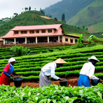 Coffee Cooperative**

"A group of Rwandan coffee farmers, fully clothed in work attire, tending to coffee plants on a lush hillside. The scene showcases sustainable farming practices with well-maintained terraces. In the background, a cooperative building with bags of harvested coffee beans. Safe for work, appropriate content, professional image, perfect anatomy, natural proportions, family-friendly."

**