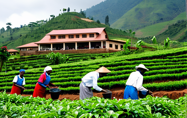 Coffee Cooperative**
"A group of Rwandan coffee farmers, fully clothed in work attire, tending to coffee plants on a lush hillside. The scene showcases sustainable farming practices with well-maintained terraces. In the background, a cooperative building with bags of harvested coffee beans. Safe for work, appropriate content, professional image, perfect anatomy, natural proportions, family-friendly."
**