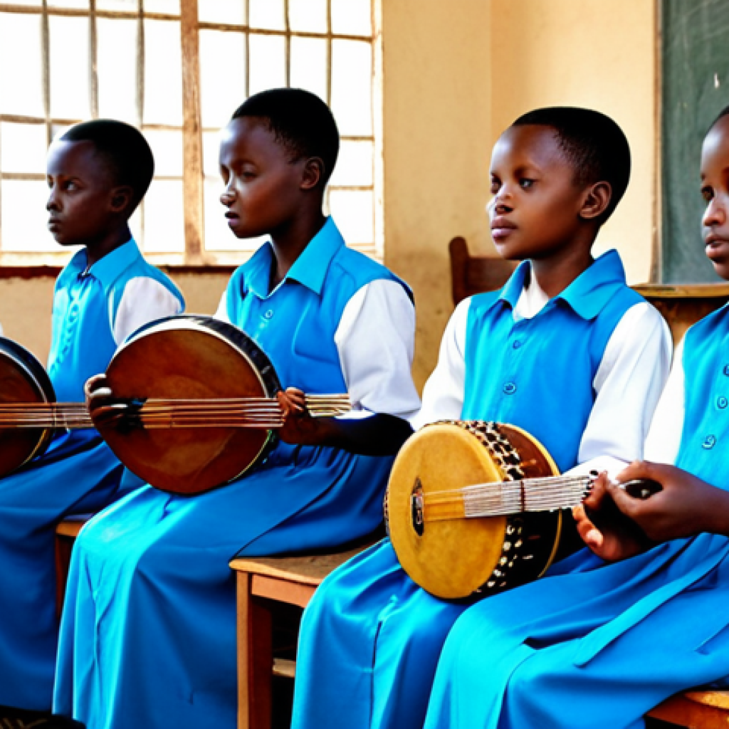 **

"A group of Rwandan children in appropriate attire, fully clothed, learning traditional music instruments (Iningiri, Imirak, Ingoma) in a classroom at a folk music academy, safe for work, appropriate content, professional setting, perfect anatomy, natural proportions, family-friendly."

**