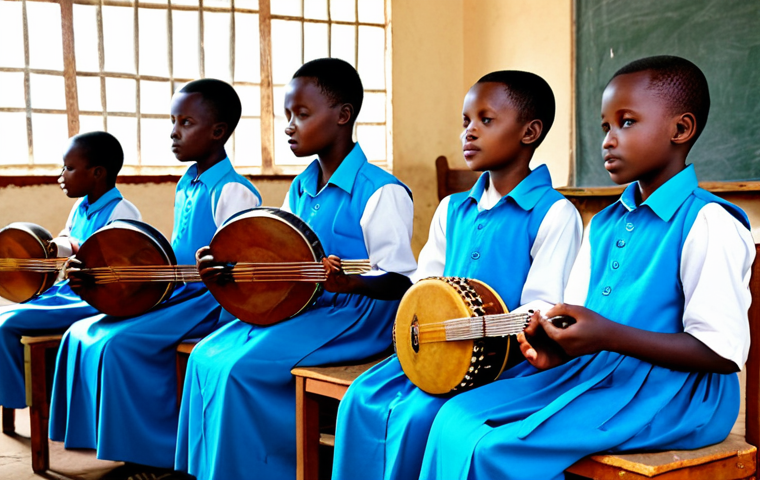 **
"A group of Rwandan children in appropriate attire, fully clothed, learning traditional music instruments (Iningiri, Imirak, Ingoma) in a classroom at a folk music academy, safe for work, appropriate content, professional setting, perfect anatomy, natural proportions, family-friendly."
**