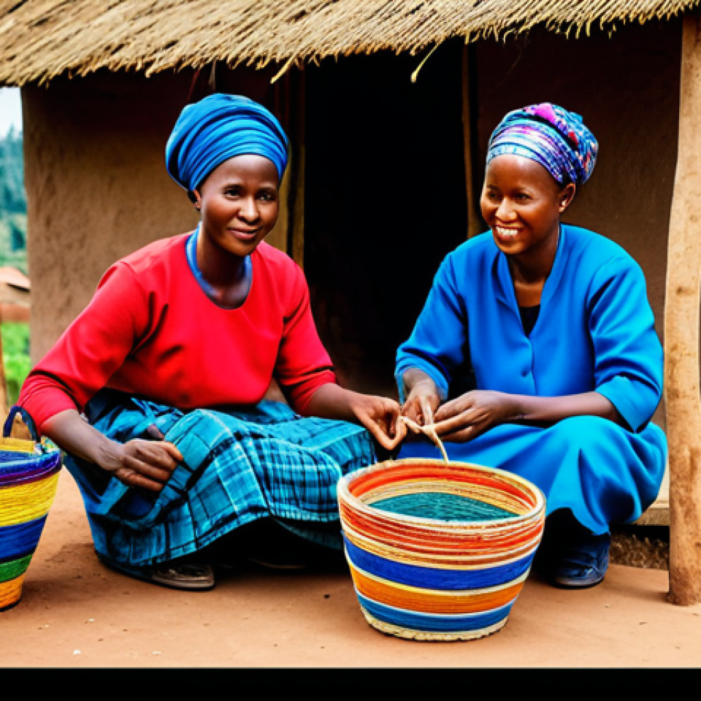 Weaving Village**
"A vibrant Rwandan village scene, women skillfully weaving colorful baskets and textiles, fully clothed in traditional modest attire, safe for work, appropriate content, perfect anatomy, correct proportions, professional photography, family-friendly, natural lighting, showcasing the cultural heritage of Rwanda."
**