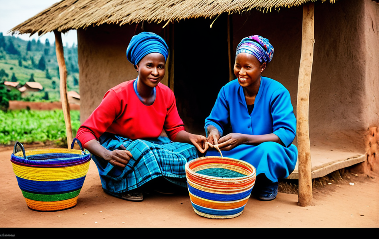 Weaving Village**
"A vibrant Rwandan village scene, women skillfully weaving colorful baskets and textiles, fully clothed in traditional modest attire, safe for work, appropriate content, perfect anatomy, correct proportions, professional photography, family-friendly, natural lighting, showcasing the cultural heritage of Rwanda."
**