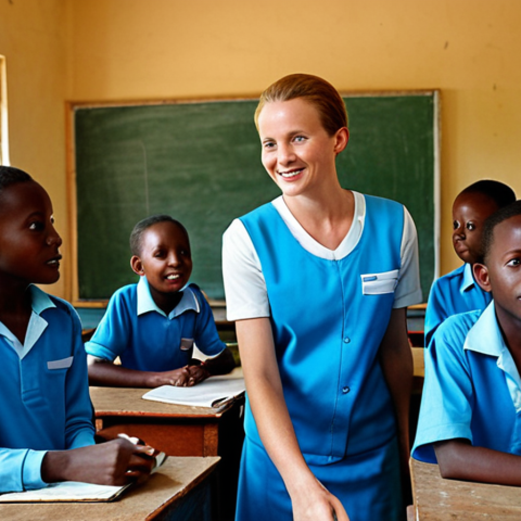 **
"A volunteer working with children in a classroom in Rwanda, teaching and providing educational materials, fully clothed, appropriate attire, safe for work, perfect anatomy, correct proportions, natural pose, professional photography, high quality, modest, family-friendly."
**