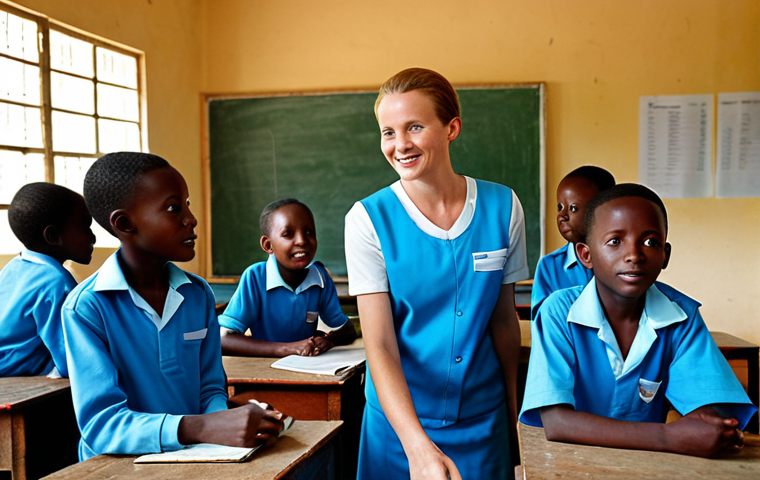 **
"A volunteer working with children in a classroom in Rwanda, teaching and providing educational materials, fully clothed, appropriate attire, safe for work, perfect anatomy, correct proportions, natural pose, professional photography, high quality, modest, family-friendly."
**