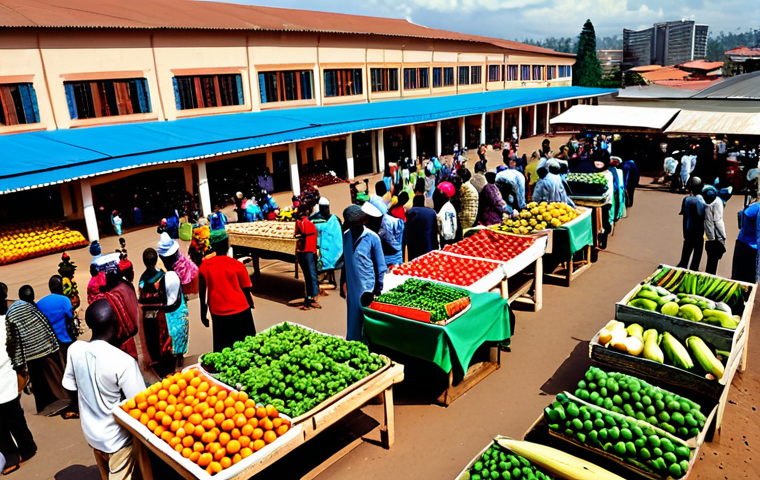 **
"A bustling marketplace in Kigali, Rwanda. Professional vendors in modest clothing are selling fruits, vegetables, and crafts. In the background, modern buildings show economic development. Safe for work, appropriate content, fully clothed, professional photography, perfect anatomy, natural proportions, family-friendly."
**