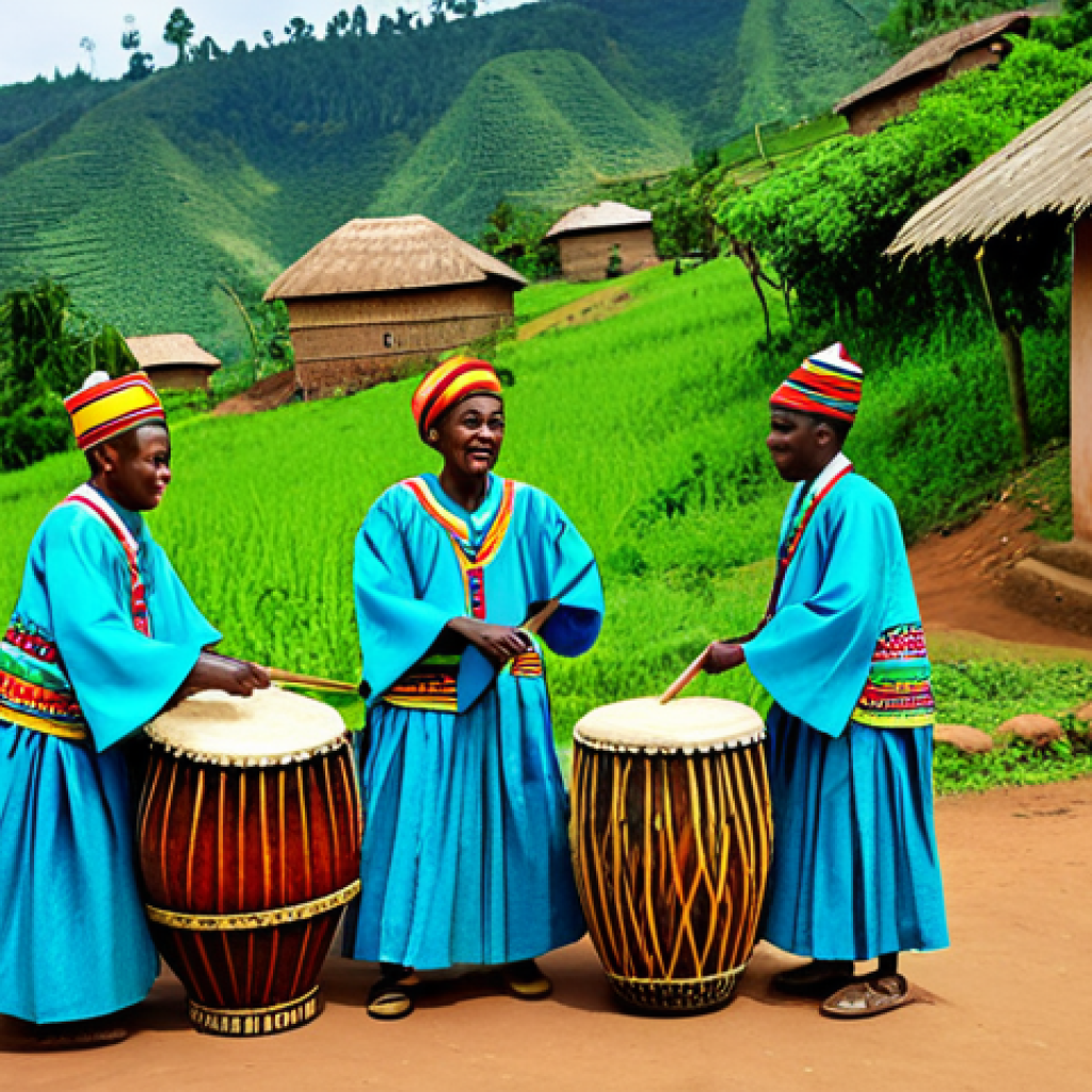 르완다 민속 음악의 지역별 차이 - **Image Prompt:** A group of Rwandan musicians playing traditional drums (Ingoma) in a village setti...