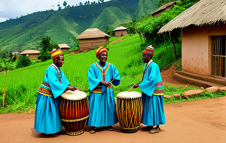 르완다 민속 음악의 지역별 차이 - **Image Prompt:** A group of Rwandan musicians playing traditional drums (Ingoma) in a village setti...