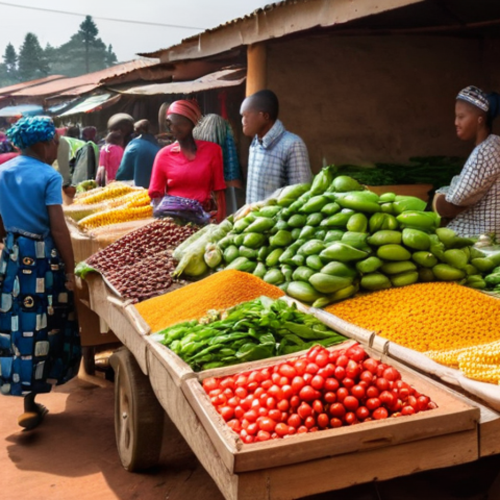 르완다의 현지 음식점 추천 - **Prompt:** A vibrant and bustling open-air market in Kigali, Rwanda, reminiscent of Kimihurura Mark...