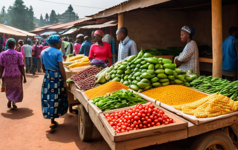 르완다의 현지 음식점 추천 - **Prompt:** A vibrant and bustling open-air market in Kigali, Rwanda, reminiscent of Kimihurura Mark...