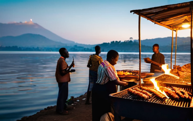 르완다의 현지 음식점 추천 - **Prompt:** A vibrant and bustling open-air market in Kigali, Rwanda, reminiscent of Kimihurura Mark...