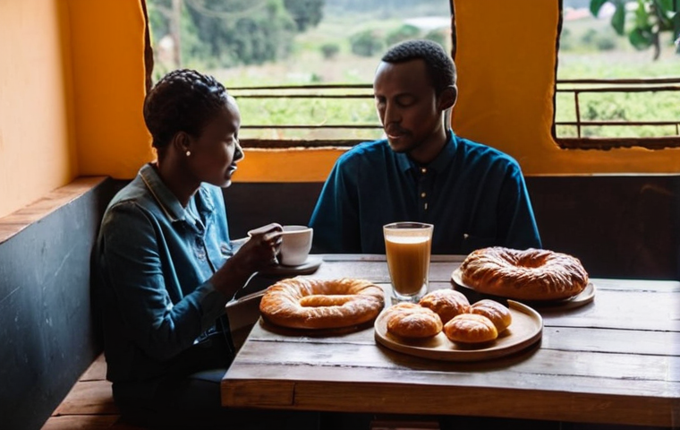 르완다의 현지 음식점 추천 - **Prompt:** A lively street food scene by the shores of Lake Kivu in Gisenyi, Rwanda, at dusk. Smoke...