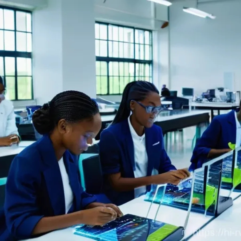 르완다에서의 고등 교육 - **Prompt:** A vibrant, futuristic university laboratory in Rwanda, bustling with diverse students fr...
