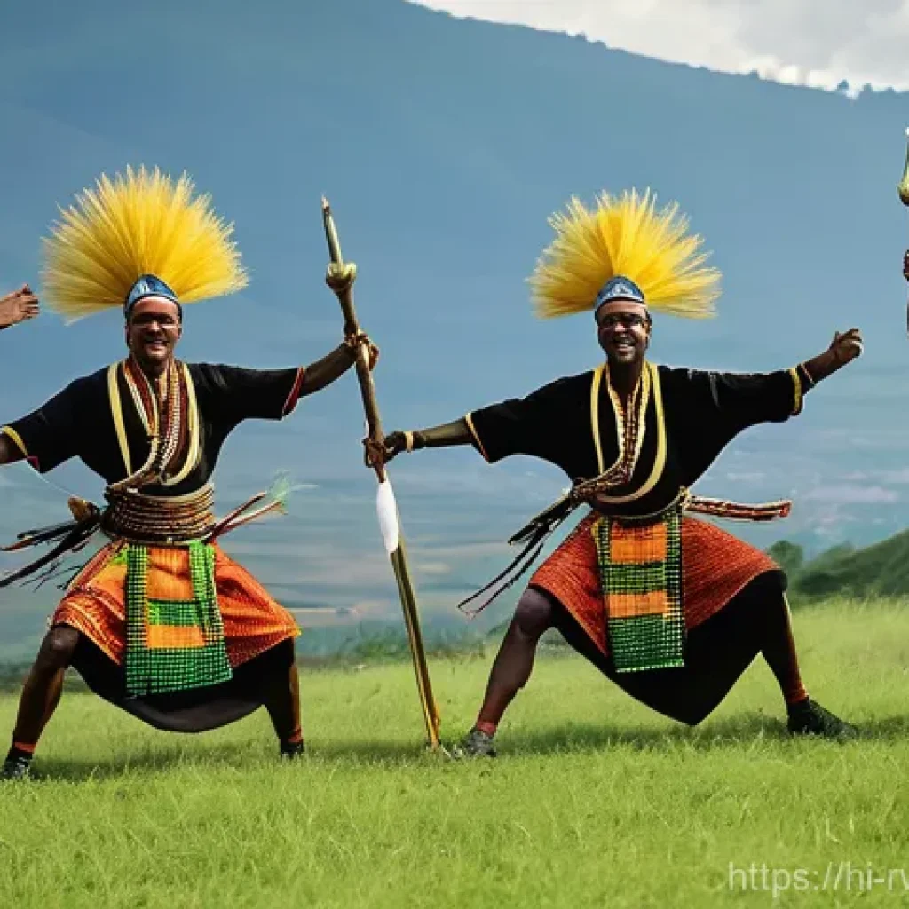 르완다 민속 춤의 주요 춤 동작 분석 - **Prompt 1: The Valiant Intore Dance**
    "A group of strong Rwandan male dancers perform the energ...