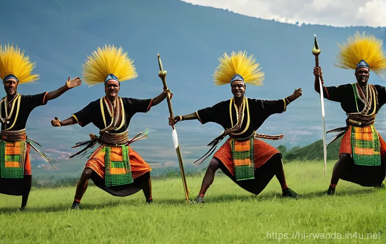 르완다 민속 춤의 주요 춤 동작 분석 - **Prompt 1: The Valiant Intore Dance**
    "A group of strong Rwandan male dancers perform the energ...