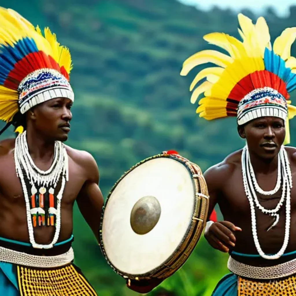 르완다 전통 춤 연구소 - **Prompt:** A dynamic and majestic depiction of male Rwandan Intore warriors performing their tradit...