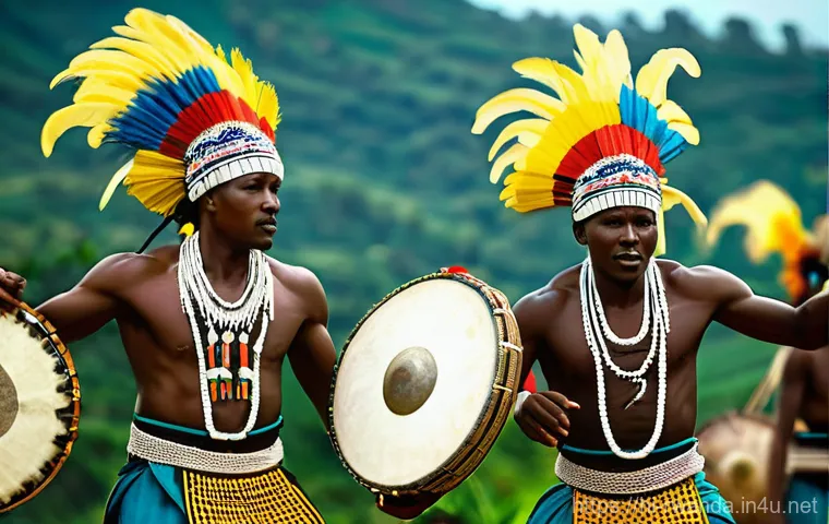르완다 전통 춤 연구소 - **Prompt:** A dynamic and majestic depiction of male Rwandan Intore warriors performing their tradit...