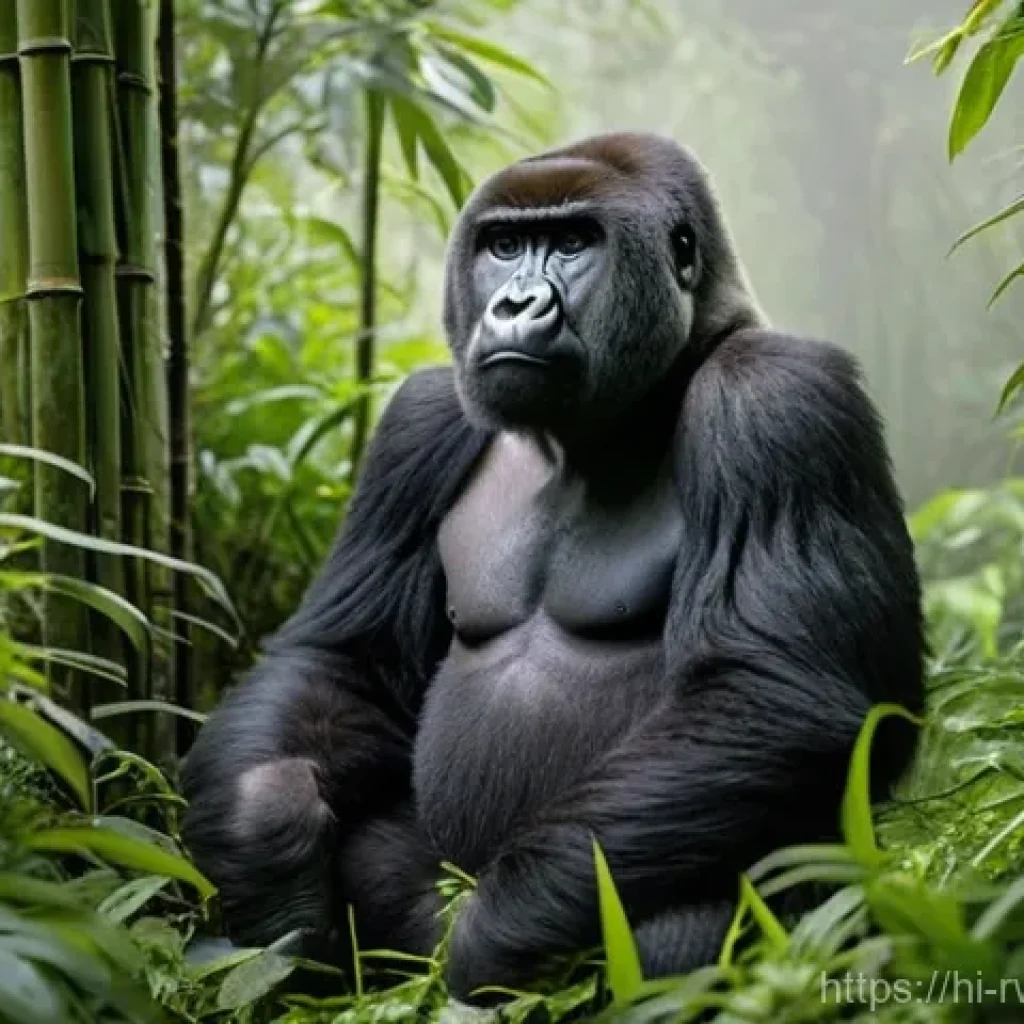 르완다 관광지 추천 - **Mountain Gorilla Encounter in the Virunga Mist**
A breathtaking, realistic photograph of a maj...