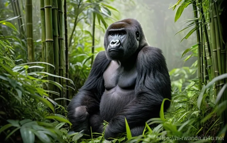 르완다 관광지 추천 - **Mountain Gorilla Encounter in the Virunga Mist**
    A breathtaking, realistic photograph of a maj...