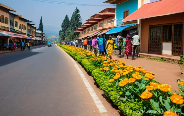 르완다 국경 횡단 경험 - **Prompt:** A vibrant and exceptionally clean street scene in Kigali, Rwanda. The wide, paved road i...