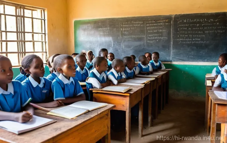 르완다에서의 초등 교육 수준 - **Prompt: Overcrowded Rwandan Primary Classroom with Engaged but Challenged Students.**
A bustli...