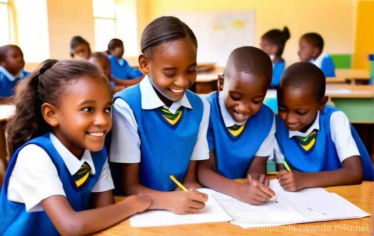 르완다에서의 초등 교육 수준 - **Prompt: Glimmer of Digital Learning in a Resource-Limited Rwandan School.**
    A small group of 8...