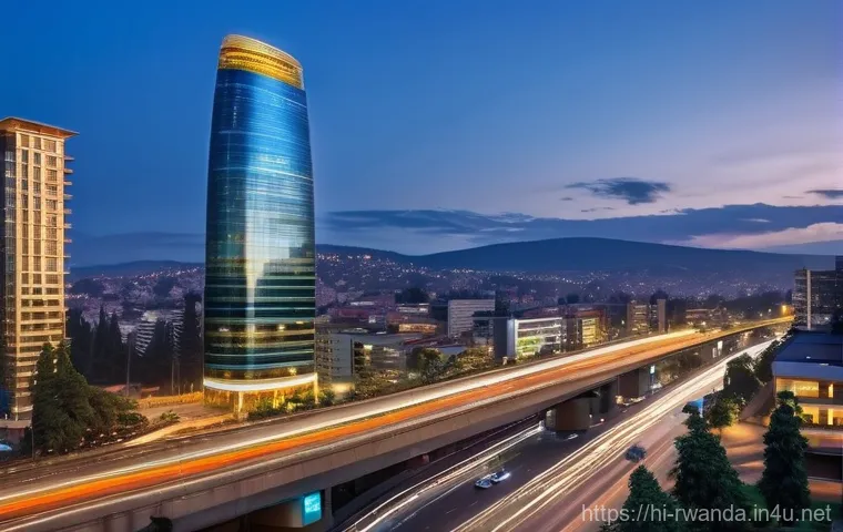 르완다의 다국적 기업 - **Prompt:** A vibrant, futuristic cityscape of Kigali at dusk, showcasing modern skyscrapers with gl...