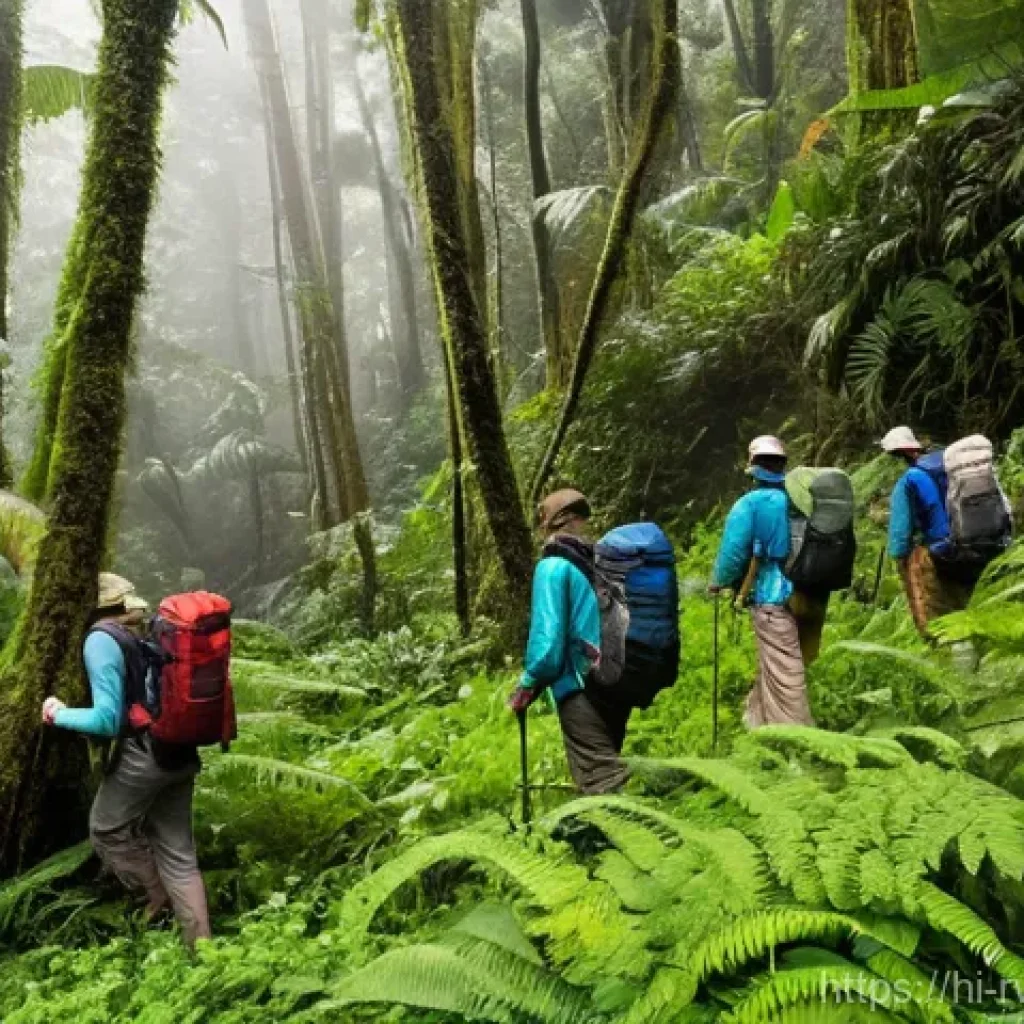 르완다산 고릴라 트레킹 - **Prompt 1: "Adventurous Trekkers in the Rwandan Rainforest"**
    A group of diverse adult trekkers...