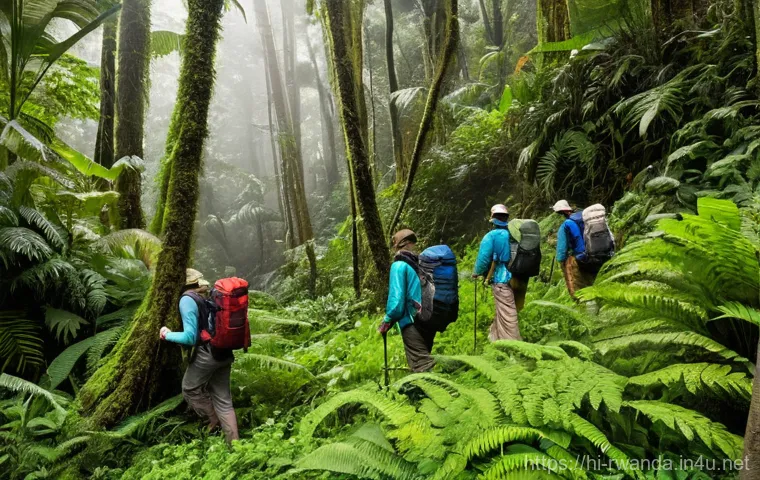르완다산 고릴라 트레킹 - **Prompt 1: "Adventurous Trekkers in the Rwandan Rainforest"**
A group of diverse adult trekkers...