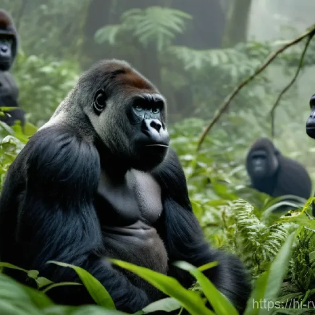 르완다 항공편 정보 - **Prompt:** A respectful depiction of a family of mountain gorillas in their natural habitat within ...
