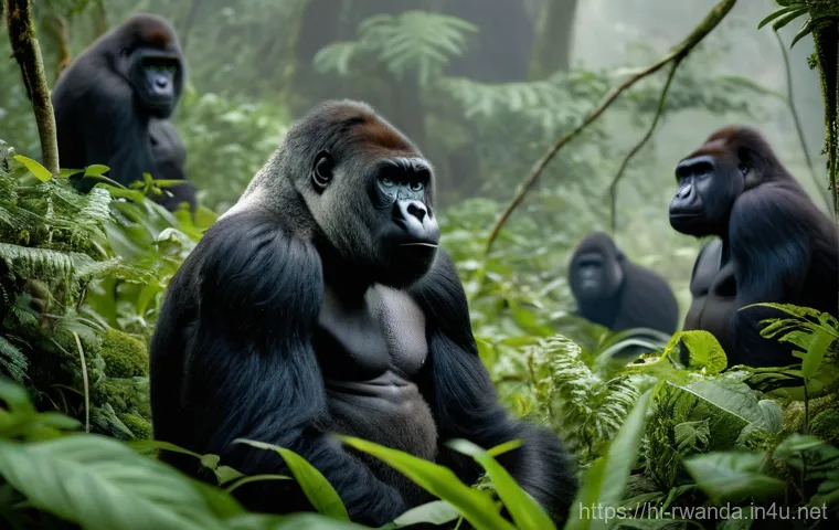 르완다 항공편 정보 - **Prompt:** A respectful depiction of a family of mountain gorillas in their natural habitat within ...