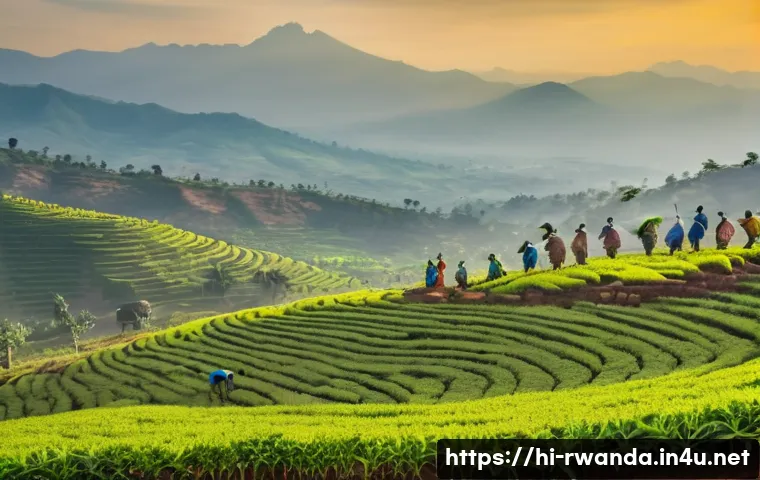르완다의 주요 경제 지표 - **"A vibrant and optimistic wide-angle shot of a thriving Rwandan agricultural landscape at sunrise....
