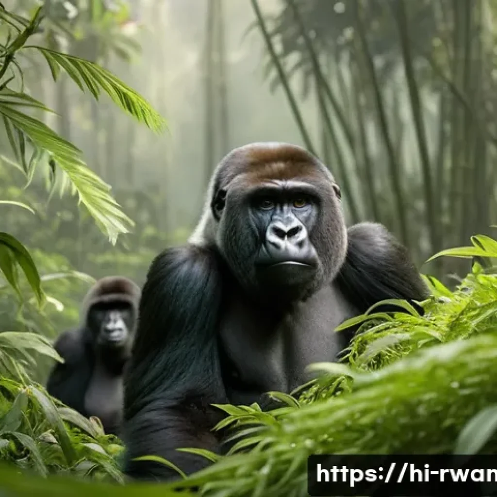 르완다의 주요 관광지 지도 - **Prompt:** A serene and majestic scene depicting a family of mountain gorillas in their natural hab...