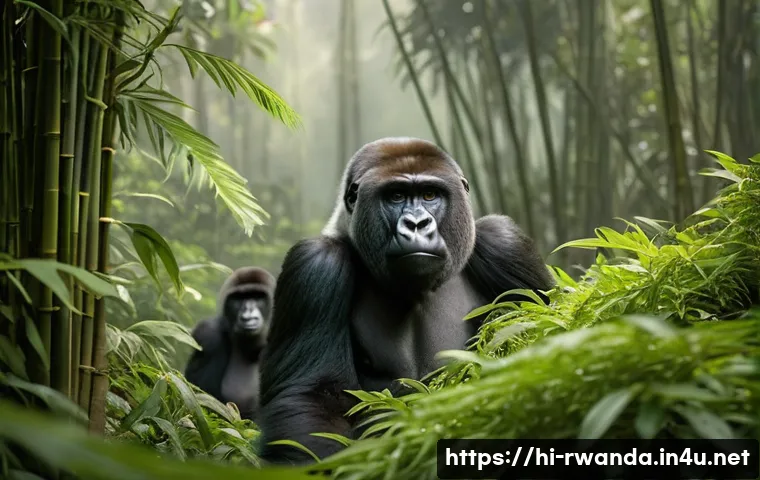 르완다의 주요 관광지 지도 - **Prompt:** A serene and majestic scene depicting a family of mountain gorillas in their natural hab...