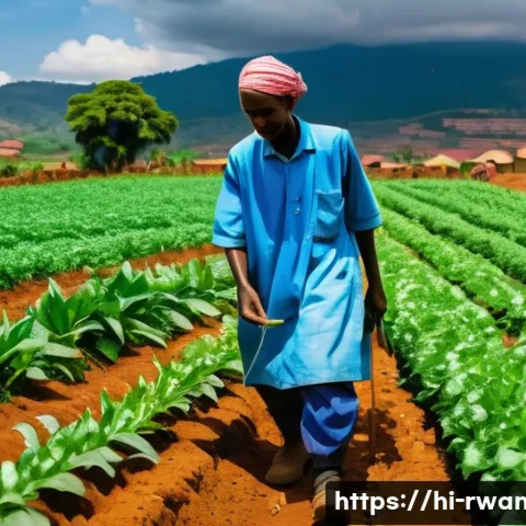 르완다 농업 현황 - A vibrant rural Rwandan farm scene showing small-scale farmers using modern drip irrigation systems ...