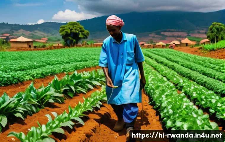 르완다 농업 현황 - A vibrant rural Rwandan farm scene showing small-scale farmers using modern drip irrigation systems ...