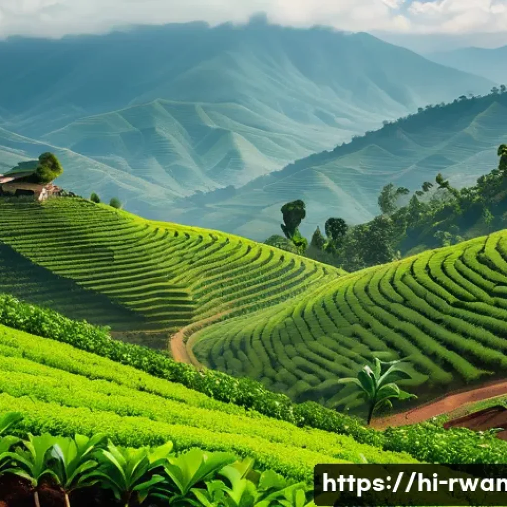 르완다의 주요 농업 산업 - A vibrant Rwandan coffee plantation scene set in lush, hilly terrain with fertile volcanic soil unde...