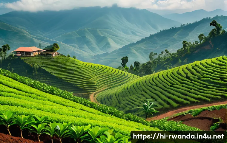 르완다의 주요 농업 산업 - A vibrant Rwandan coffee plantation scene set in lush, hilly terrain with fertile volcanic soil unde...