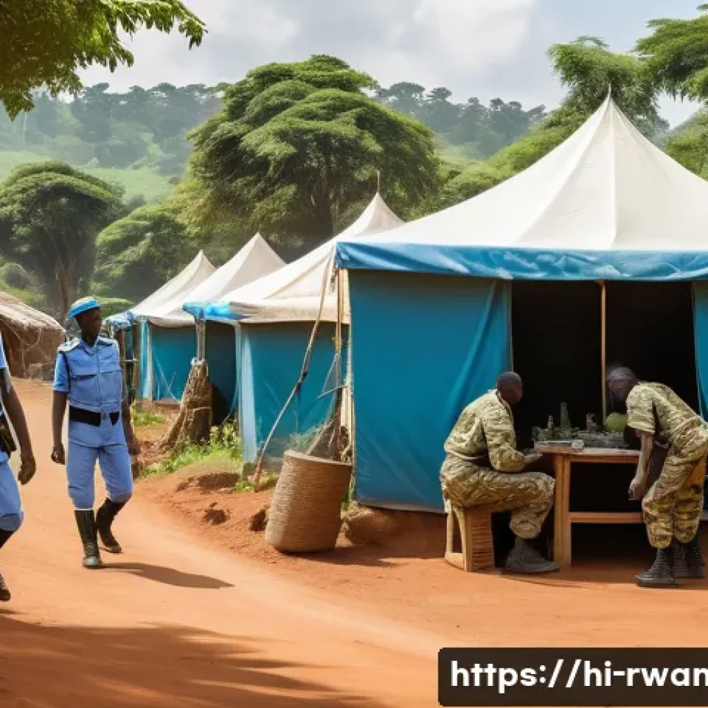 르완다와 아프리카 연합 관계 - A vibrant and detailed scene showing Rwandan peacekeepers in action during an African Union peace mi...