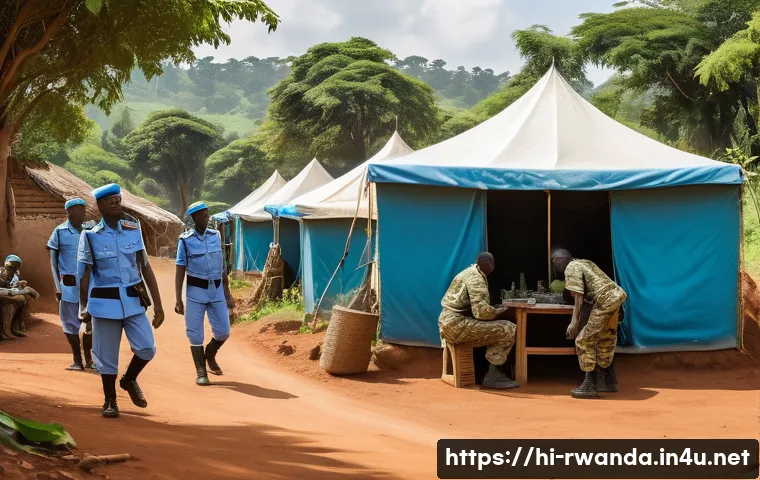 르완다와 아프리카 연합 관계 - A vibrant and detailed scene showing Rwandan peacekeepers in action during an African Union peace mi...